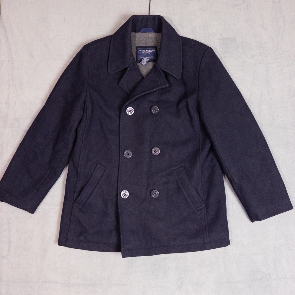 American Eagle Pea Coat Mens Large Navy Blue Good Wool Blend Anchor Button